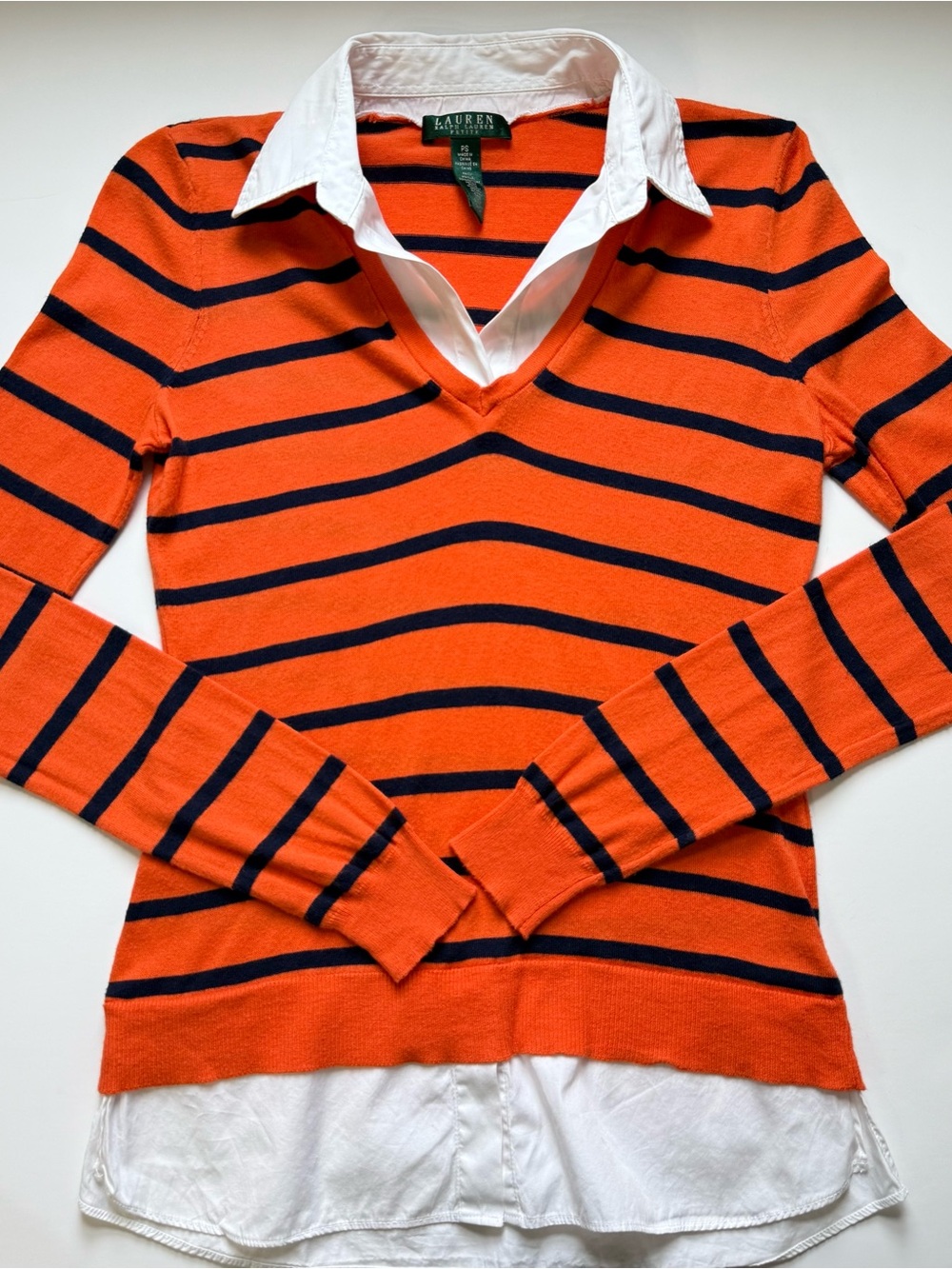 Lauren Ralph Lauren Orange and Navy Striped V-Neck Pullover Womens Petite Small